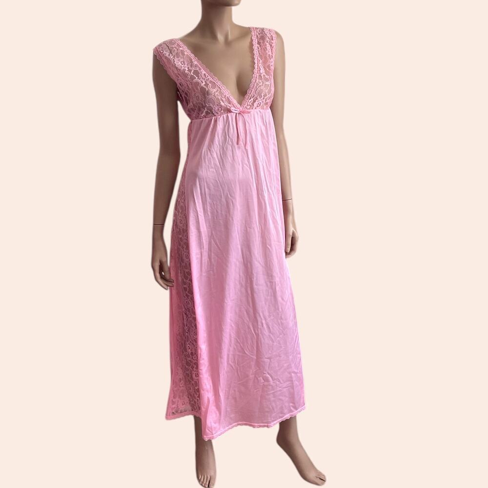 Vintage Pink Nightgown Peekaboo Lace Maxi Lingerie Babydoll Deep V Full Length - Picture 3 of 10